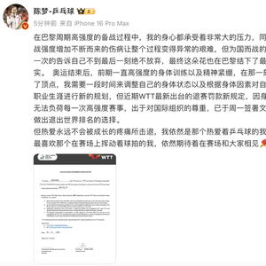 陈梦：身体目前无法负荷高强度赛事